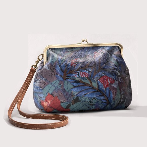 Patricia Nash Savena Leather Wristlet Clutch Blue Forest Tan Kiss Lock NWT